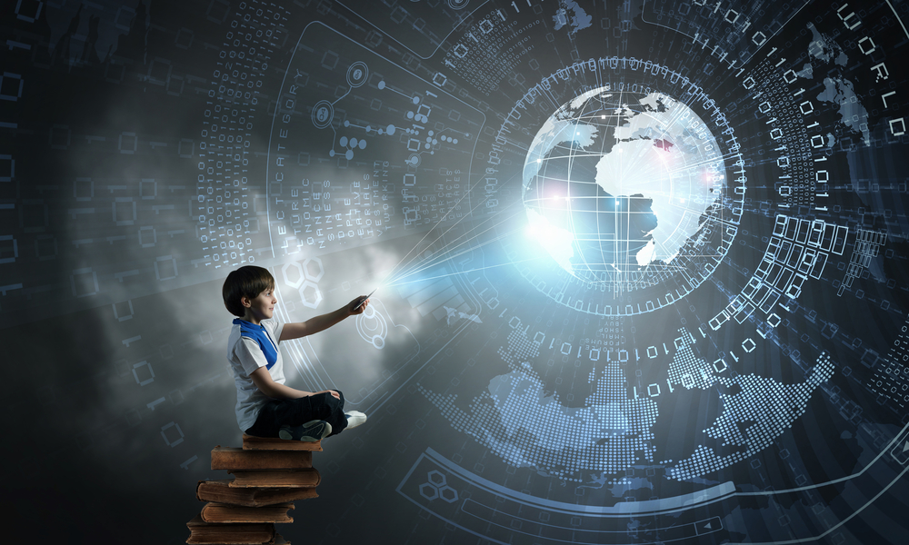 Criança usando inteligência artificial na educação, interagindo com um mundo digital e tecnológico.