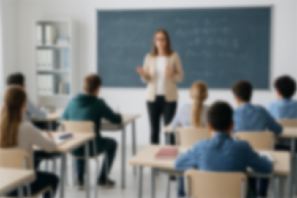 A imagem apresenta uma professora em frente a um quadro negro, explicando um conteúdo para uma turma de estudantes sentados em carteiras. A cena retrata uma abordagem tradicional de ensino, que pode ser combinada com estratégias de aprendizagem ativa e personalizada conforme os estilos dos alunos.