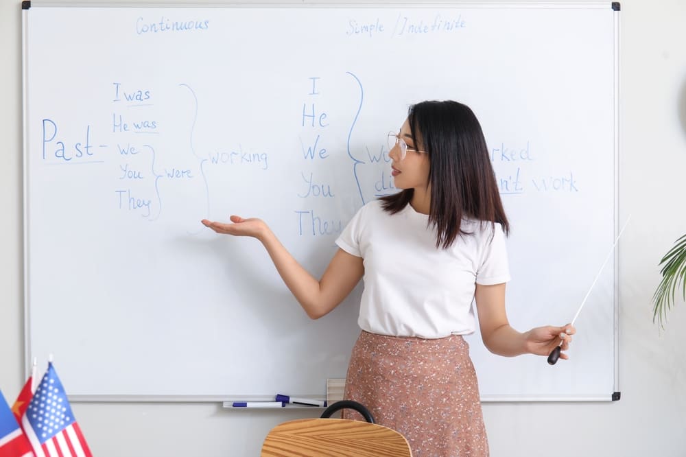 Professora de inglês explicando tempos verbais para alunos.