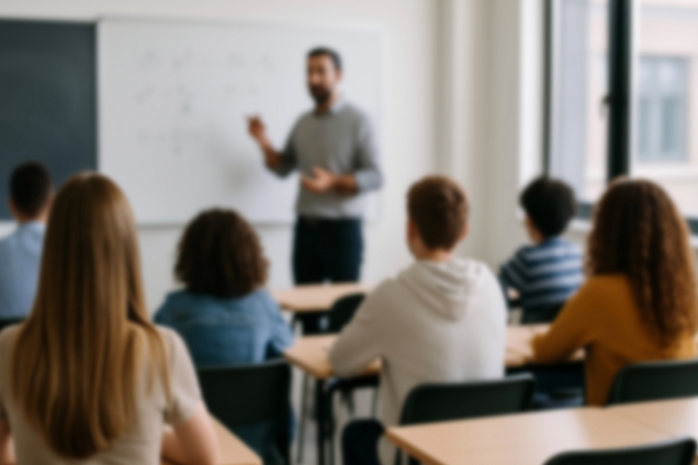 Sala de aula com professor explicando no quadro e alunos atentos às explicações, representando estratégias de como engajar todos os alunos.