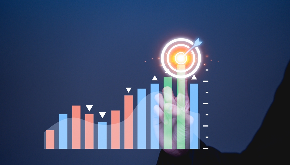 Gráfico de barras com ícone de objetivo, representando a curva de aprendizagem e o progresso alcançado.