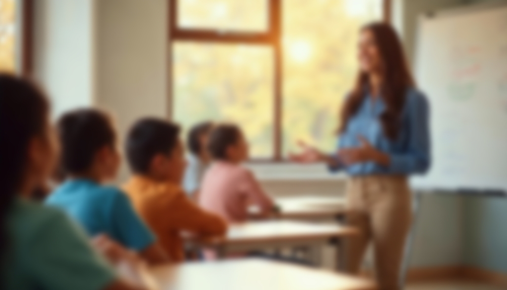 Professora conduz atividade em sala de aula com crianças sentadas, em ambiente iluminado por luz natural, representando a abordagem Reggio Emilia.