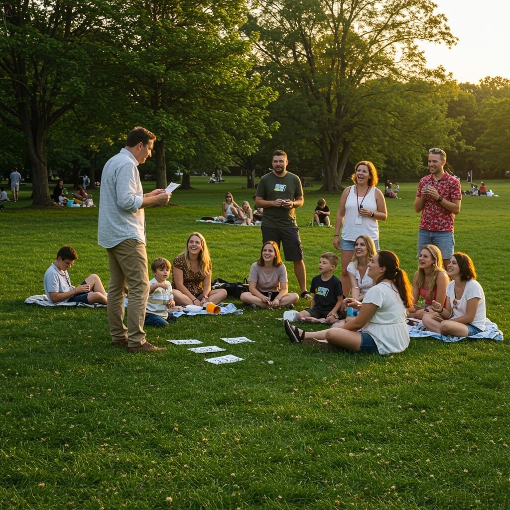 Famílias e educadores participando de uma atividade ao ar livre, reforçando a importância das atividades lúdicas sobre família na Educação Infantil.