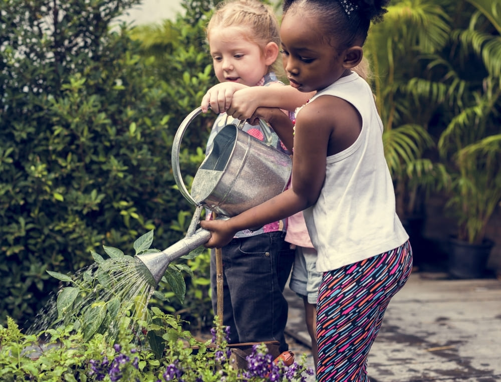 Crianças regando plantas com regador durante atividade sustentável do Dia da Água.